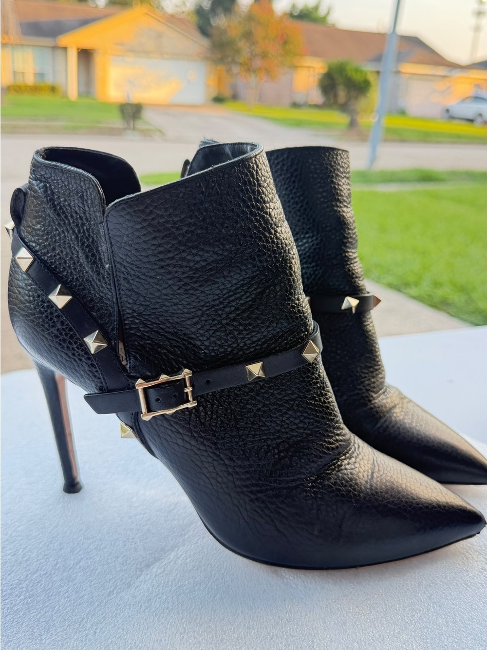 Valentino Garavani Black Studded Pointed-Toe Leather Ankle Booties